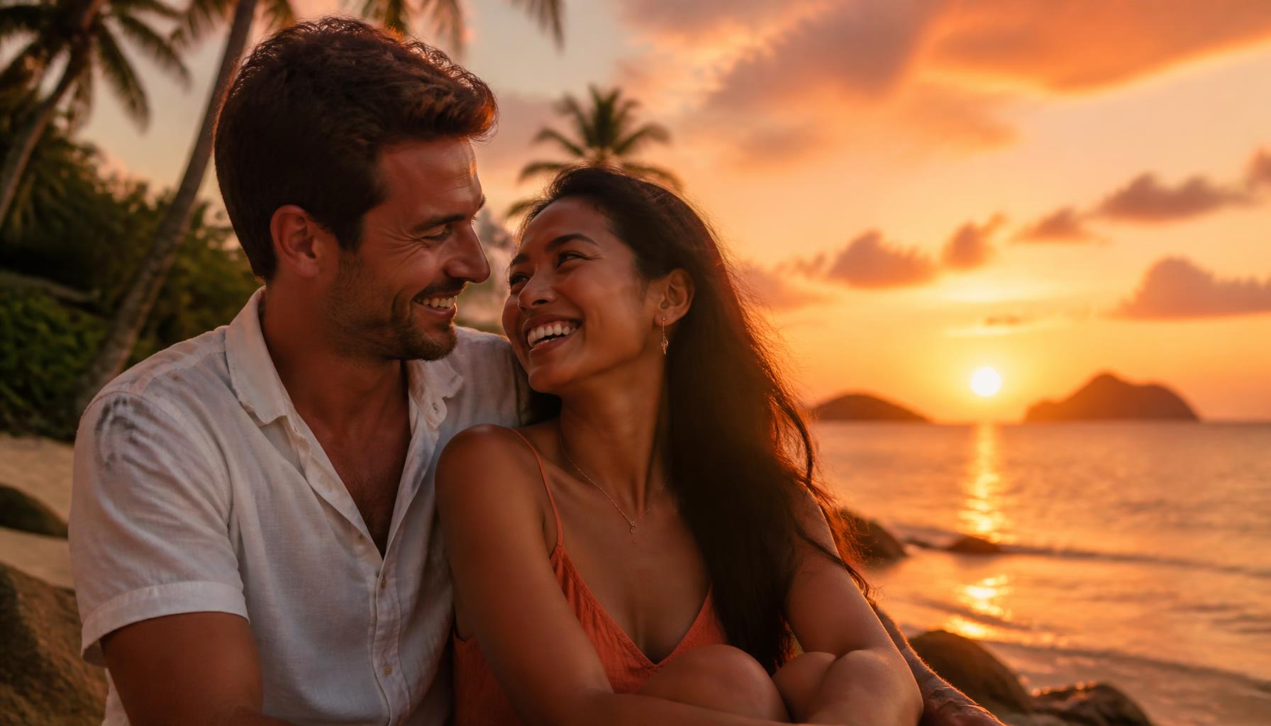 Happy couple enjoying a sunset on a Philippines beach